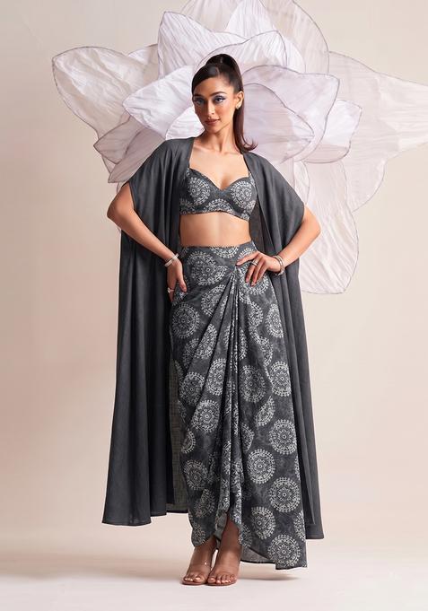 Charcoal Grey Printed Chiffon Fusion Set
