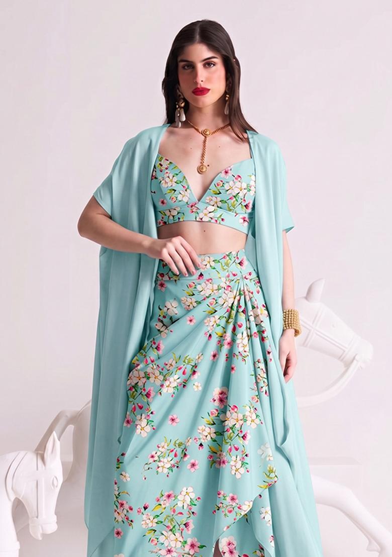 Sky Blue Printed Georgette Fusion Set - Indya