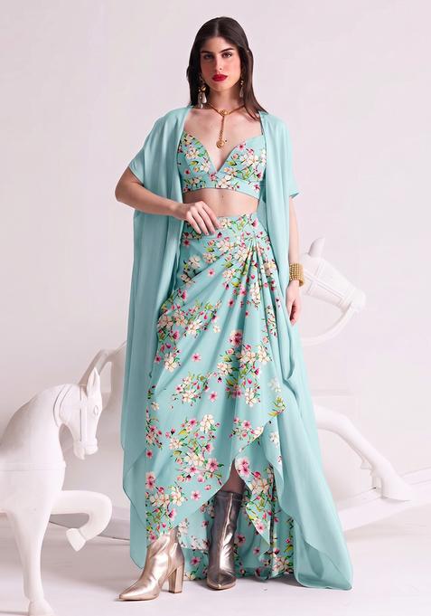 Sky Blue Printed Georgette Fusion Set