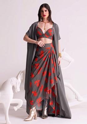 Charcoal Grey Printed Georgette Fusion Set