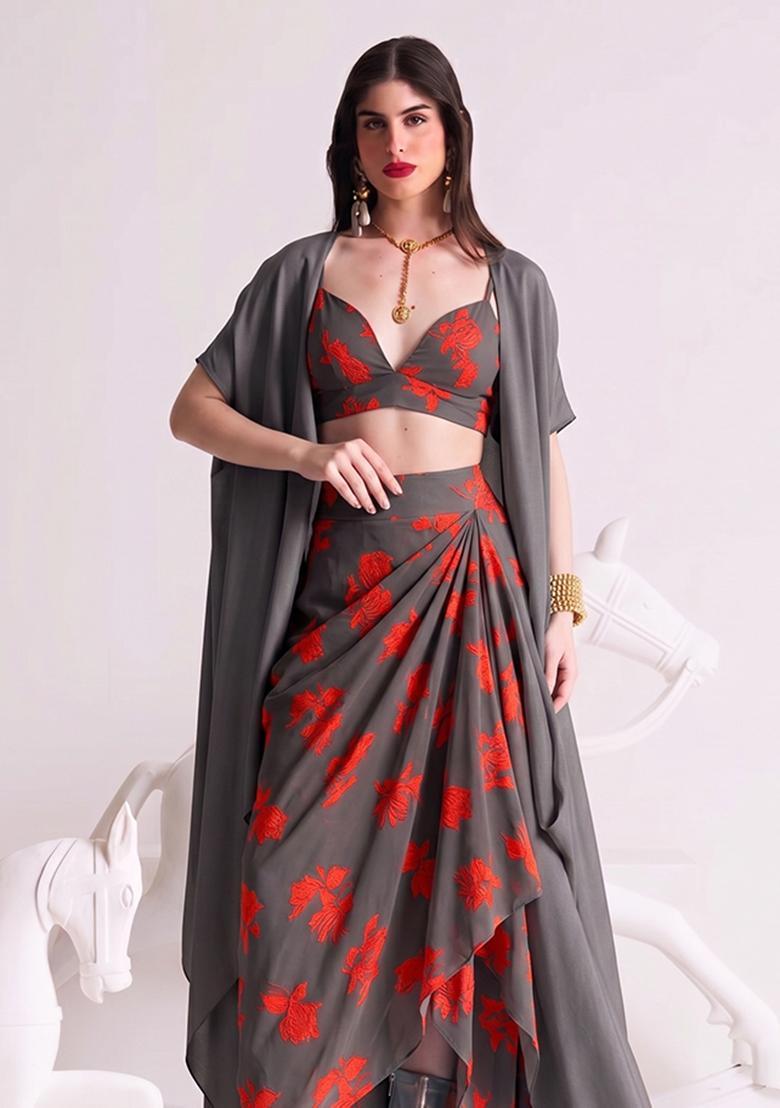 Charcoal Grey Printed Georgette Fusion Set - Indya