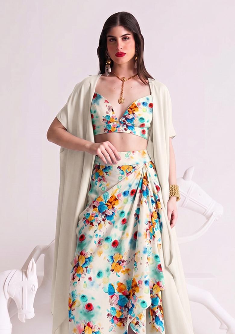 Off White Printed Muslin Fusion Set - Indya