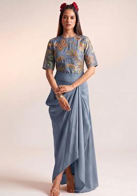 Slate Blue Printed Organza Fusion Set