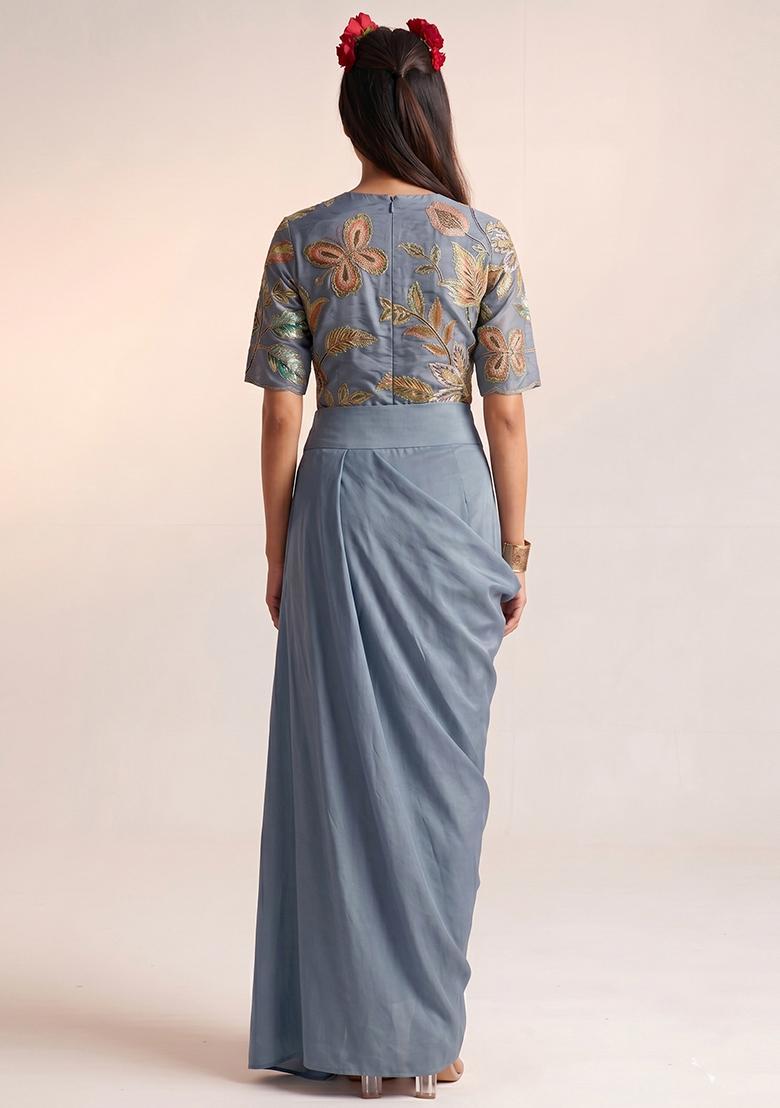 Slate Blue Printed Organza Fusion Set - Indya