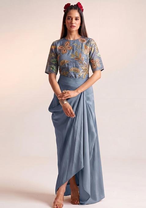 Slate Blue Printed Organza Fusion Set