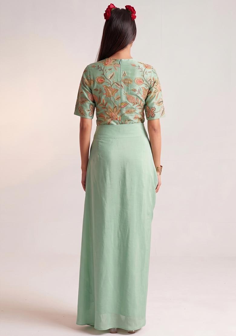 Mint Green Printed Organza Fusion Set - Indya