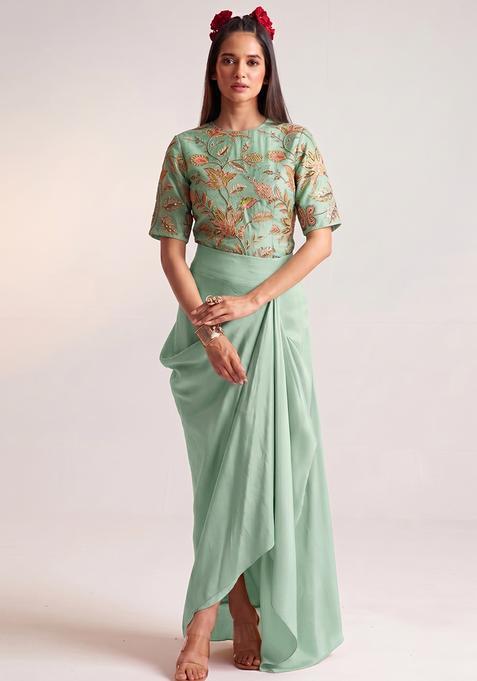Mint Green Silk Blend Embroidered Fusion Set