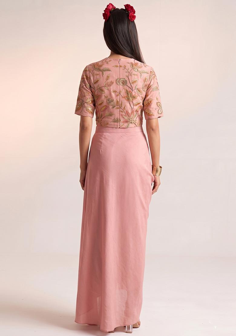 Dusty Rose Printed Organza Fusion Set - Indya