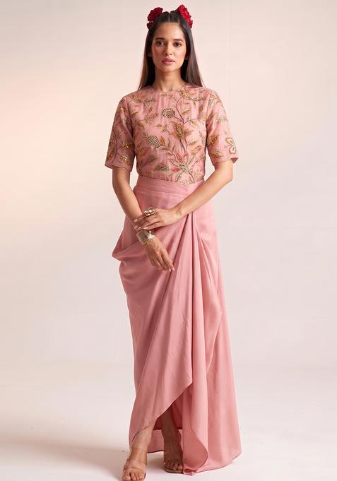 Dusty Rose Printed Organza Fusion Set