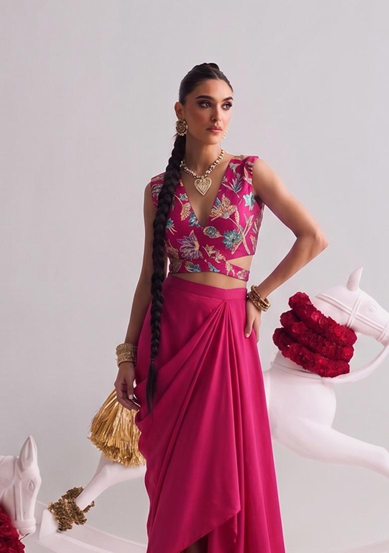 Rani Pink Printed Crepe Fusion Set - Indya