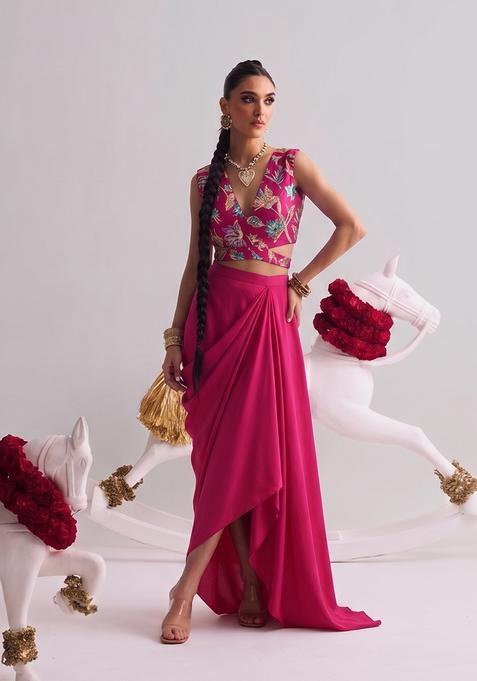 Rani Pink Printed Crepe Fusion Set