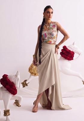 Beige Printed Crepe Fusion Set
