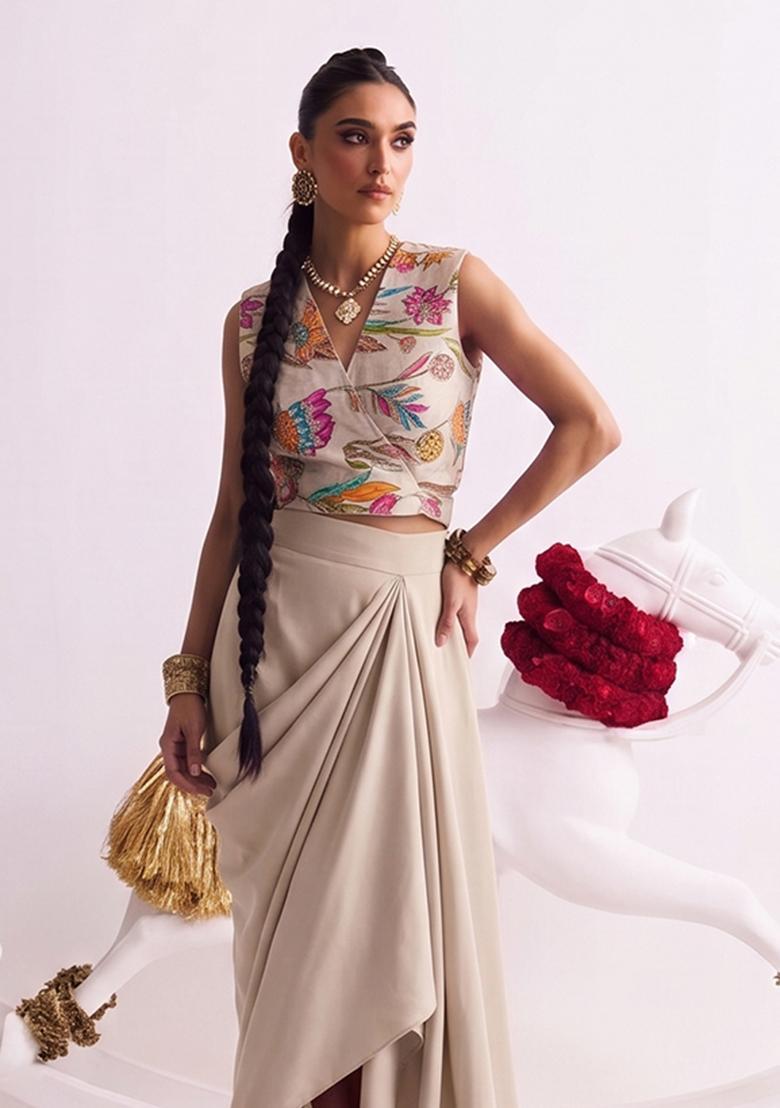 Beige Printed Crepe Fusion Set - Indya