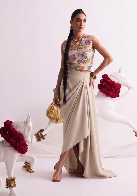 Beige Printed Crepe Fusion Set