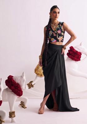 Black Printed Crepe Fusion Set
