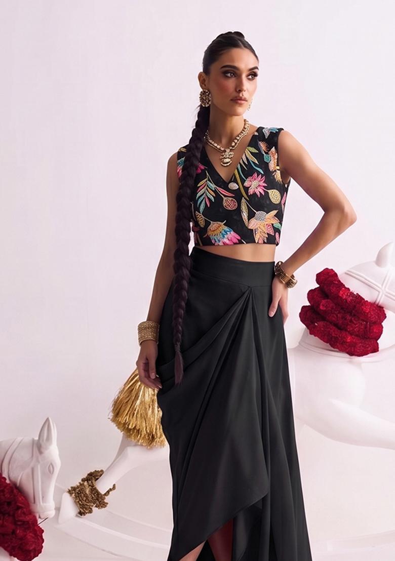 Black Printed Crepe Fusion Set - Indya
