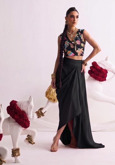 Black Printed Crepe Fusion Set