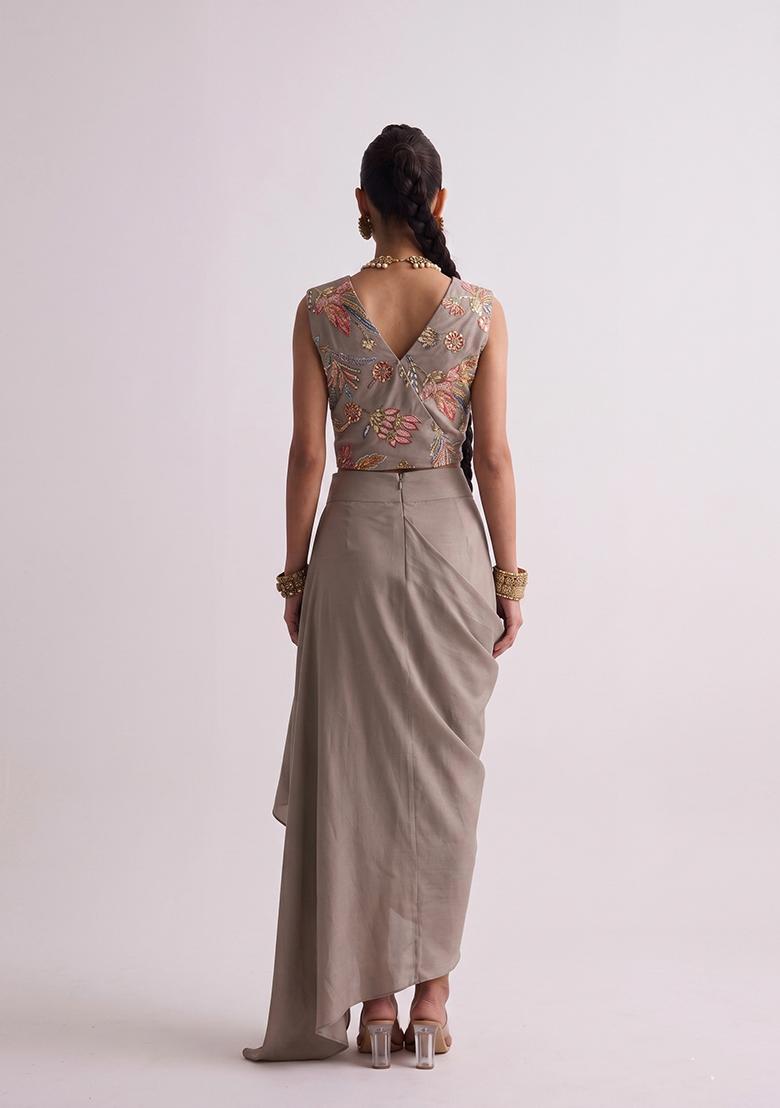 Taupe Printed Crepe Fusion Set - Indya