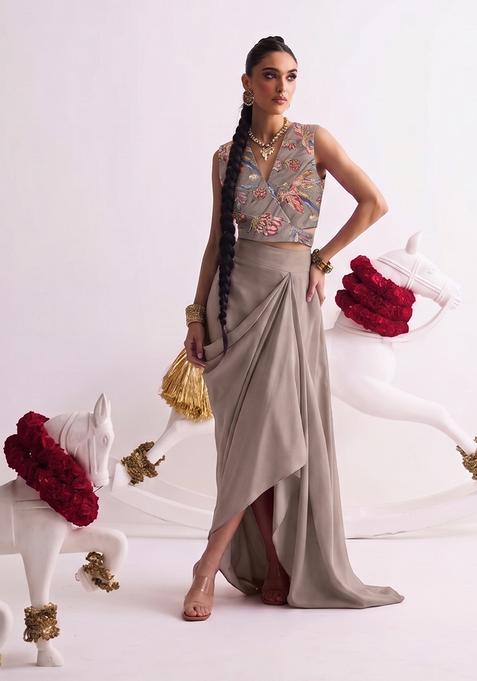 Taupe Silk Blend Floral Print Fusion Set