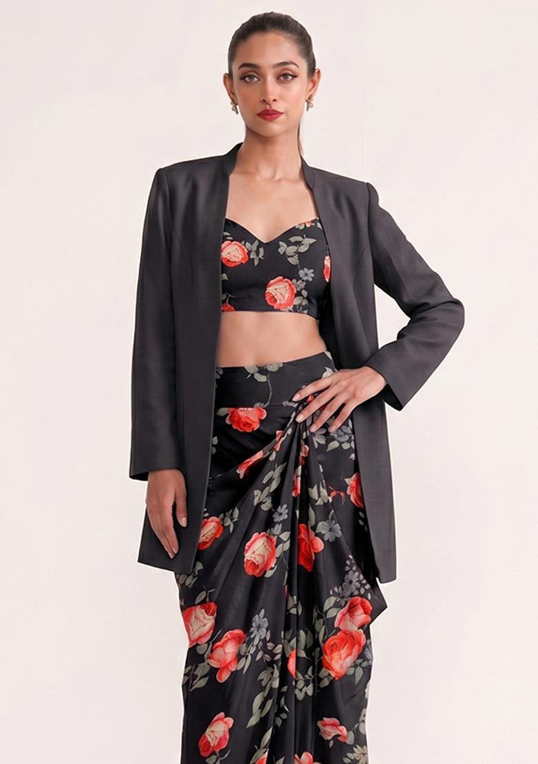 Black Printed Georgette Fusion Set - Indya