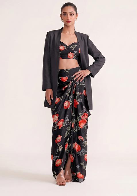 Black Crepe Floral Print Fusion Set
