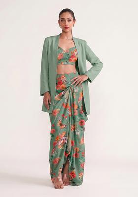 Sage Green Printed Georgette Fusion Set