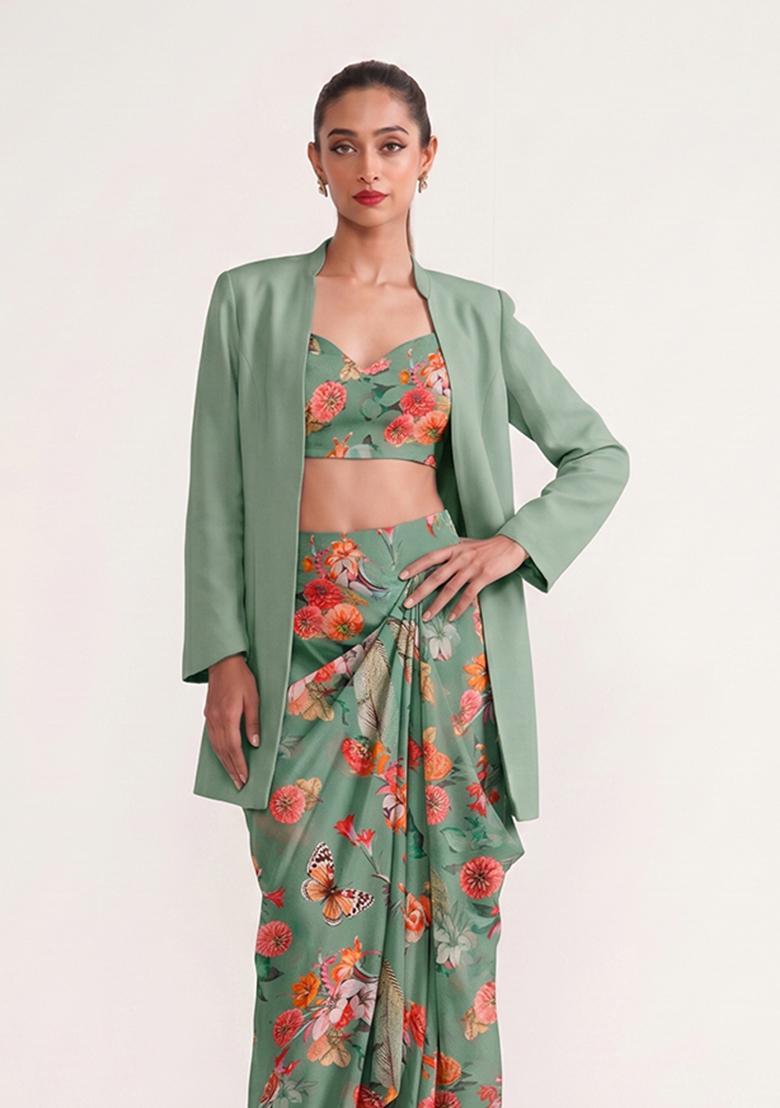 Sage Green Printed Georgette Fusion Set - Indya