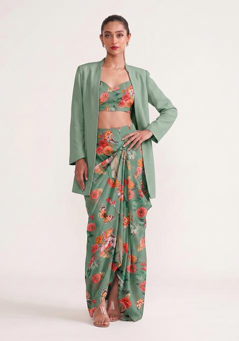 Sage Green Printed Georgette Fusion Set