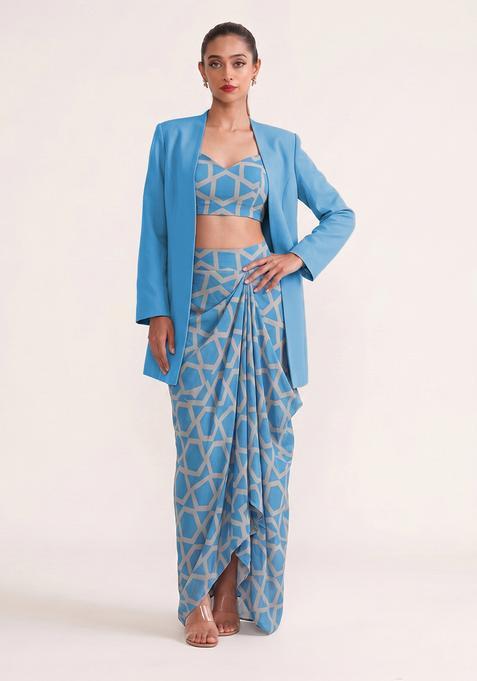Sky Blue Crepe Printed Fusion Set