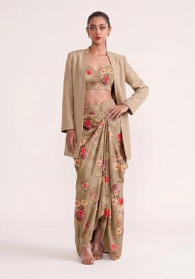 Beige Printed Georgette Fusion Set