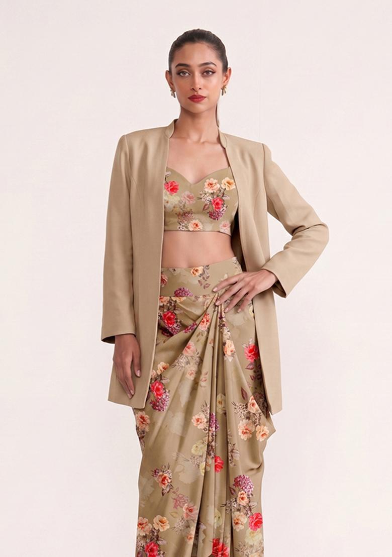 Beige Printed Georgette Fusion Set - Indya