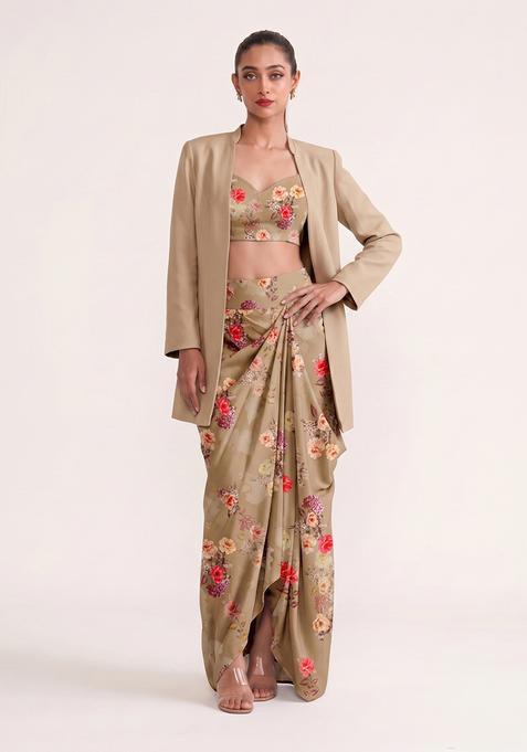 Beige Printed Georgette Fusion Set