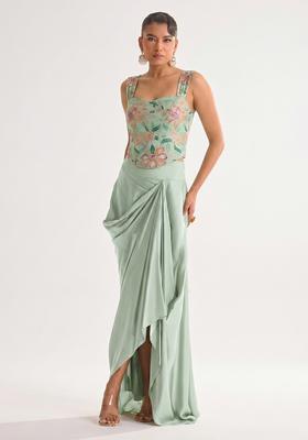 Mint Green Printed Organza Fusion Set