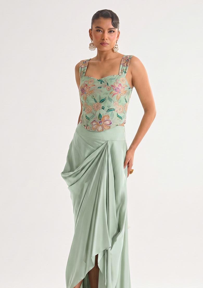 Mint Green Printed Organza Fusion Set - Indya