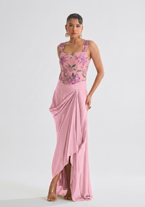 Onion Pink Crepe Embroidered Fusion Set