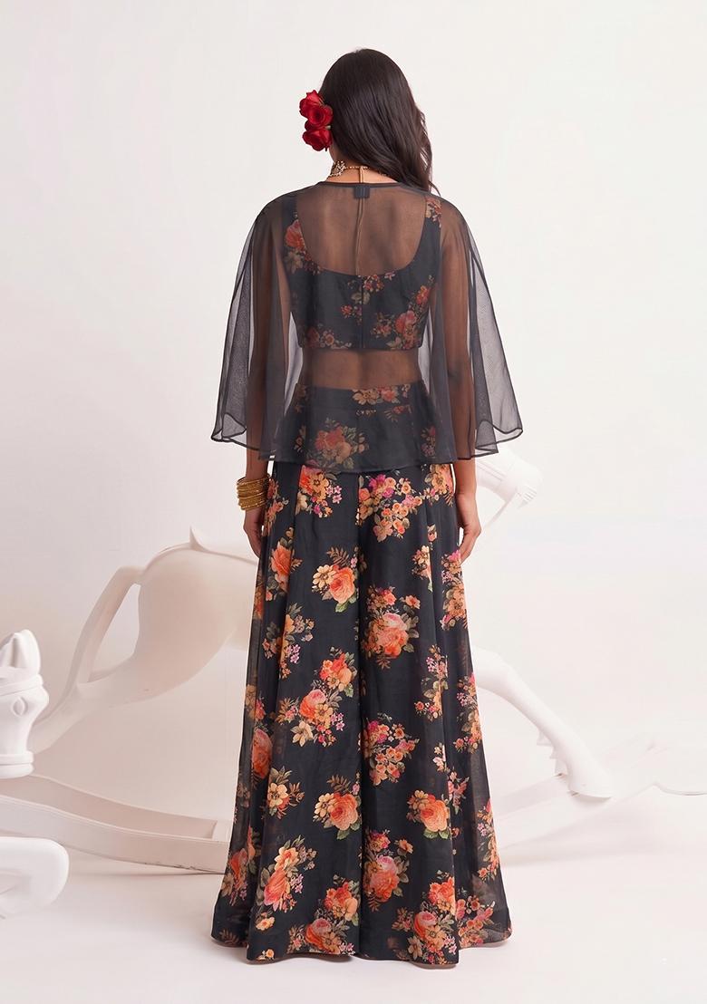 Black Printed Georgette Fusion Set - Indya
