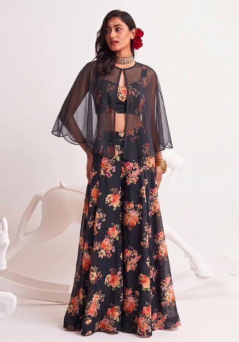 Black Georgette Floral Print Fusion Set