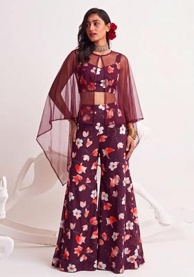 Wine Printed Georgette Fusion Set