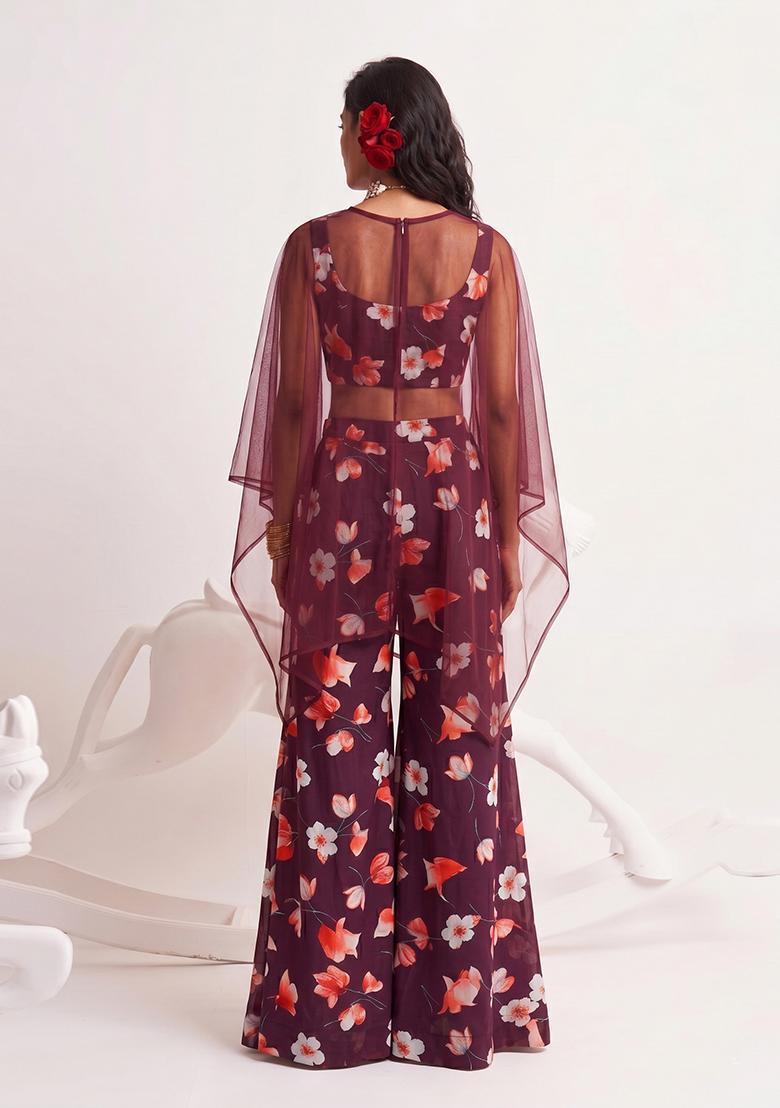 Wine Printed Georgette Fusion Set - Indya