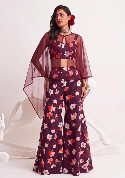 Wine Printed Georgette Fusion Set