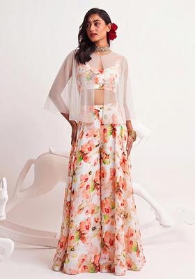 Peach Floral Printed Georgette Fusion Set