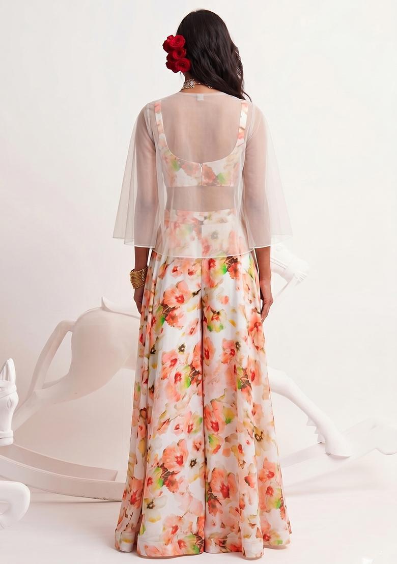 Peach Floral Printed Georgette Fusion Set - Indya