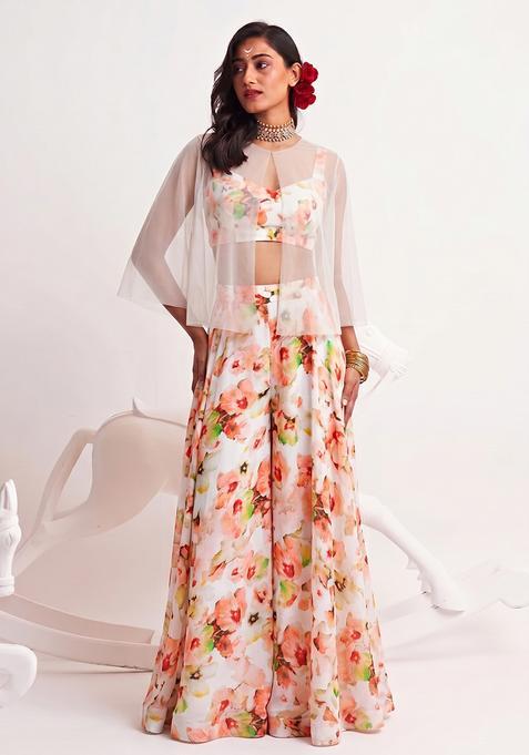 Peach Floral Printed Georgette Fusion Set