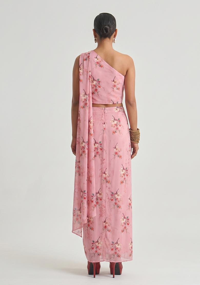 Baby Pink Printed Georgette Fusion Set - Indya