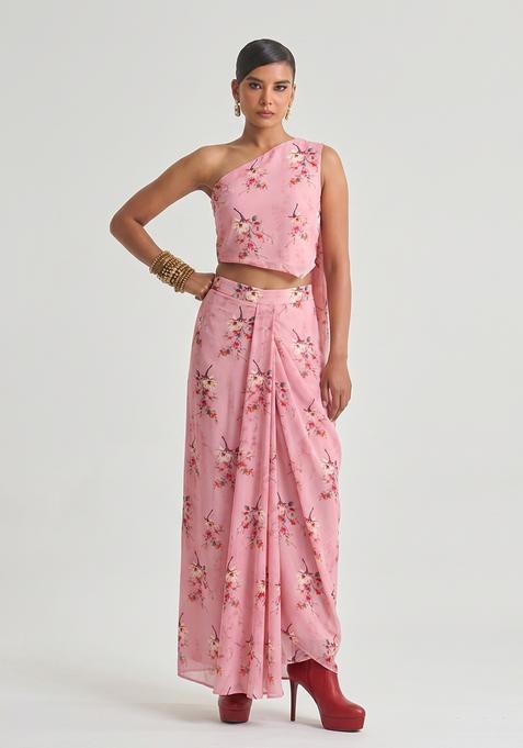 Baby Pink Printed Georgette Fusion Set
