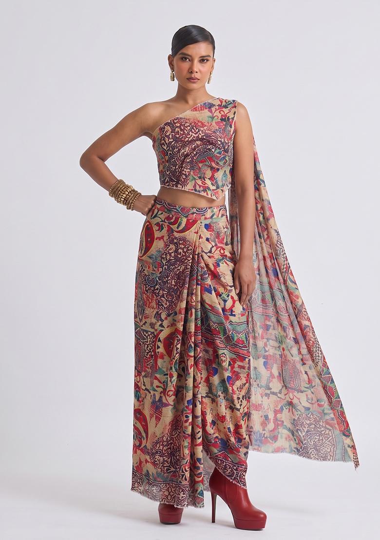 Multi Color Printed Georgette Fusion Set - Indya