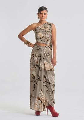 Taupe Printed Georgette Fusion Set