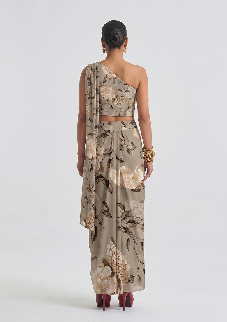 Taupe Printed Georgette Fusion Set - Indya