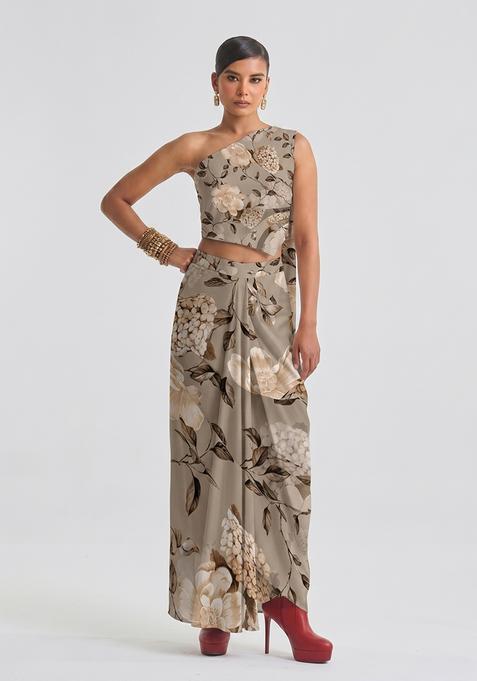 Taupe Printed Georgette Fusion Set