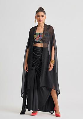 Black Embroidered Crepe Fusion Set